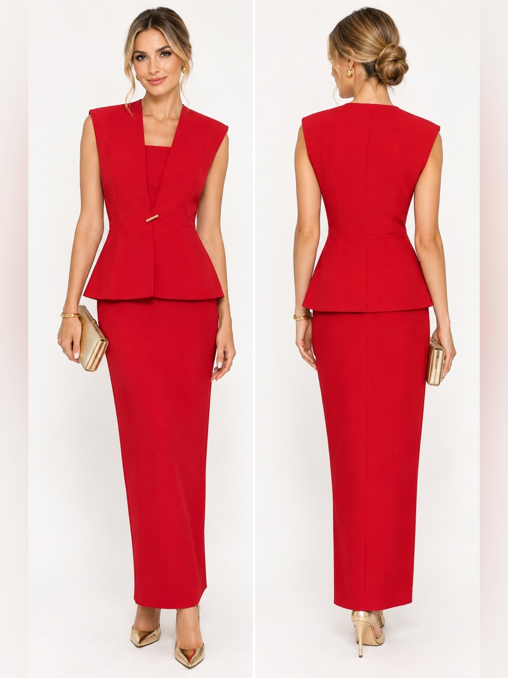 Evan Picone elegant classic wome Red Sleeveless Peplum Maxi Skirt Set size 14